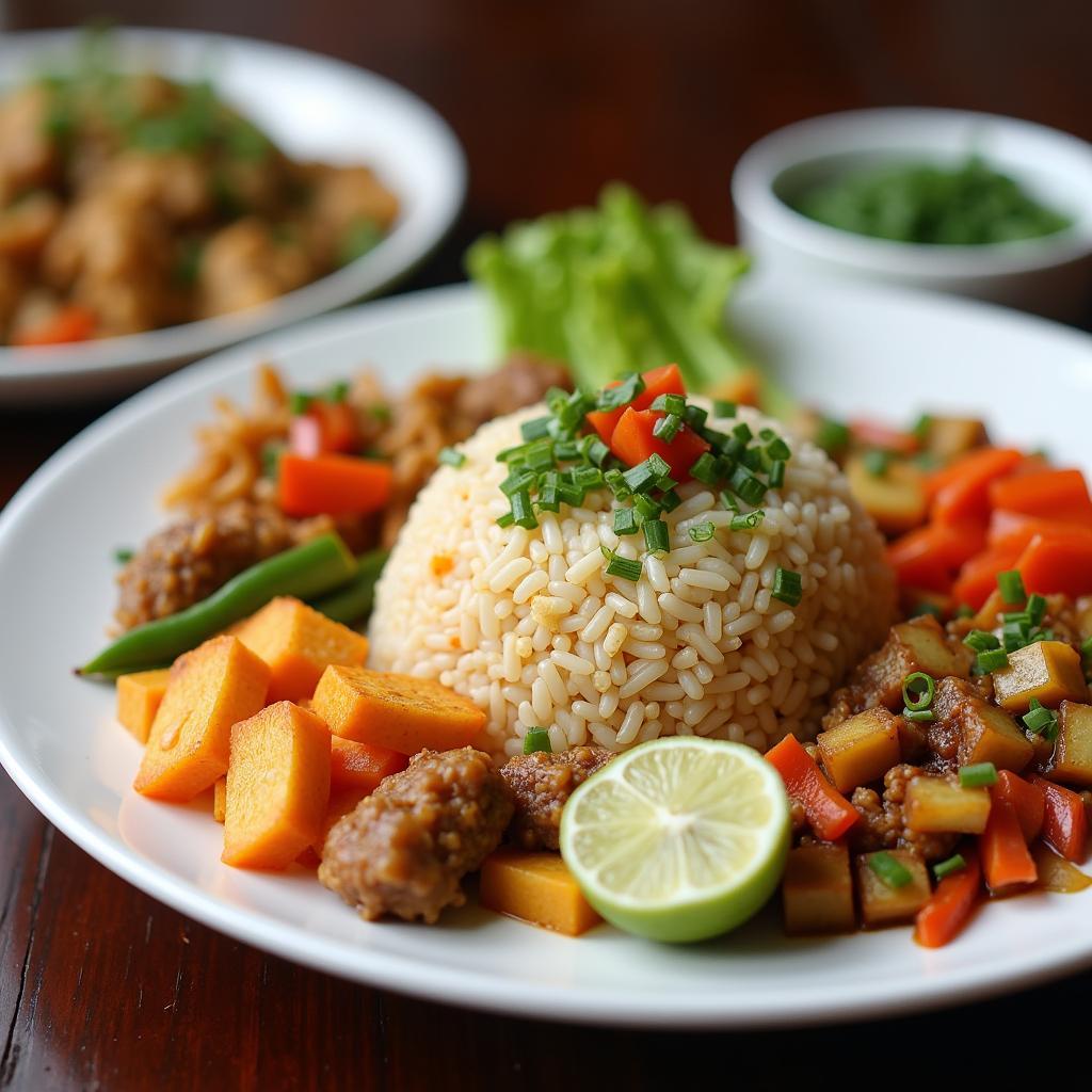 Một đĩa cơm chay đầy màu sắc với nhiều món ăn kèm tại Quán chay Chay Chị Củ 4/7 Trần Đình Xu